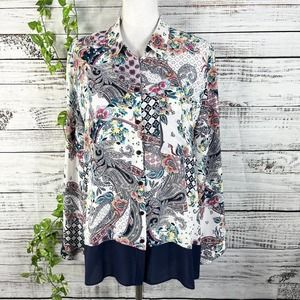 Chico's Blouse size 16 18 3 Blue Pink Floral Paisley Boho Career Modest Church